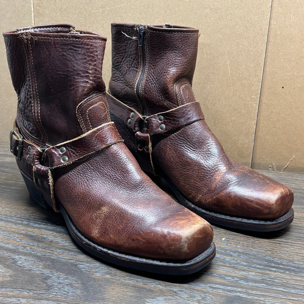 Vintage Frye Harness Boots Mens 13 Brown Distressed Leather Buckle Oil Resistant